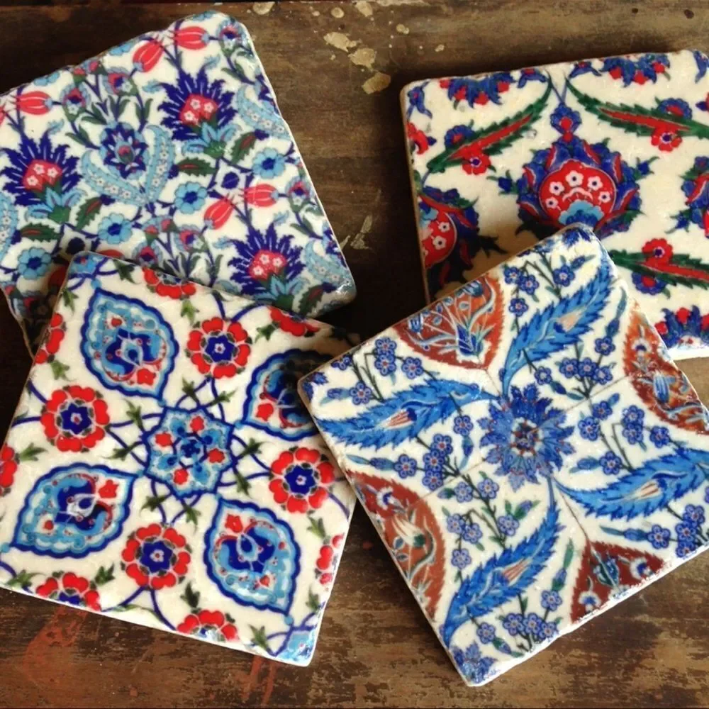 Turkish Stone Coasters: Bohemian Blue Floral Decor, Set of 4- NWOT